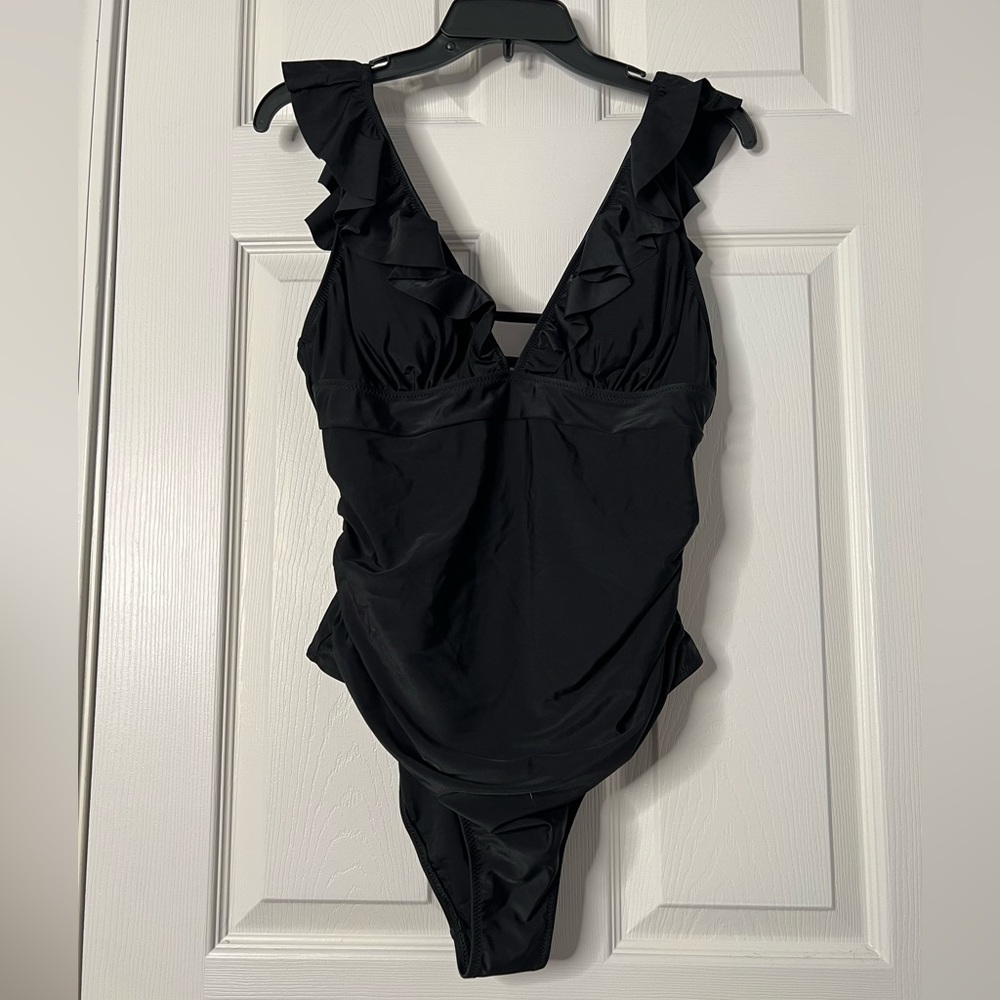 NWT Cupshe ruffle slimming black open back one piece